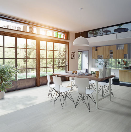 A dining room with White Ocean Vinyl Flooring