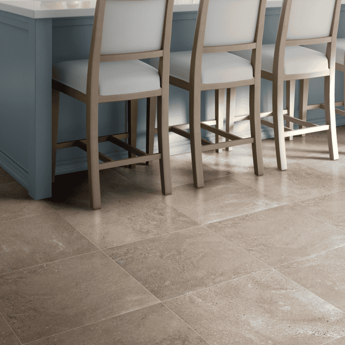 Abound Ashen, taupe ceramic stone-look tile, installed on a kitchen floor